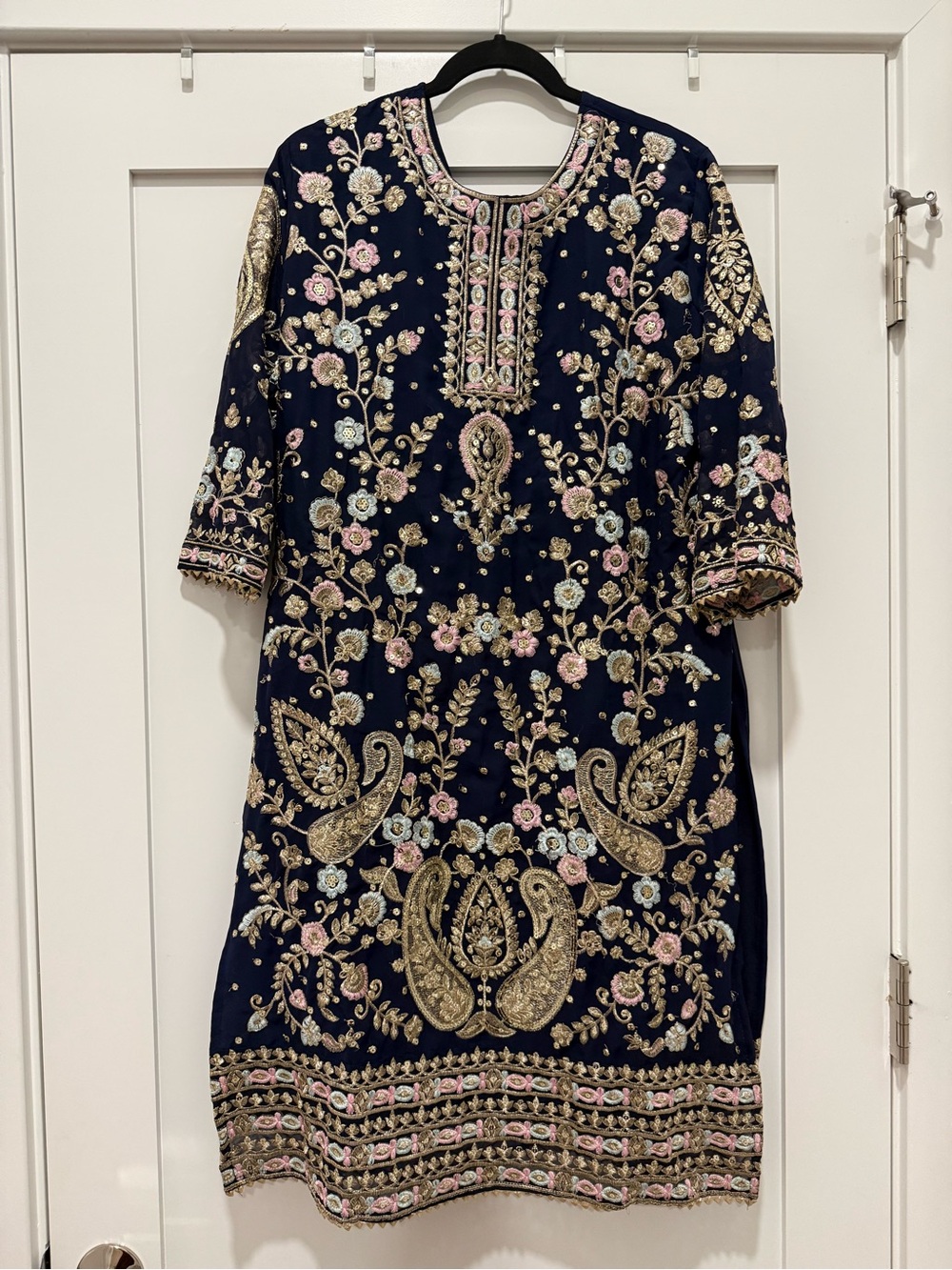 Blue Salwaar Kameez with Gold, Pink, and Blue Embroidery and matching dupatta